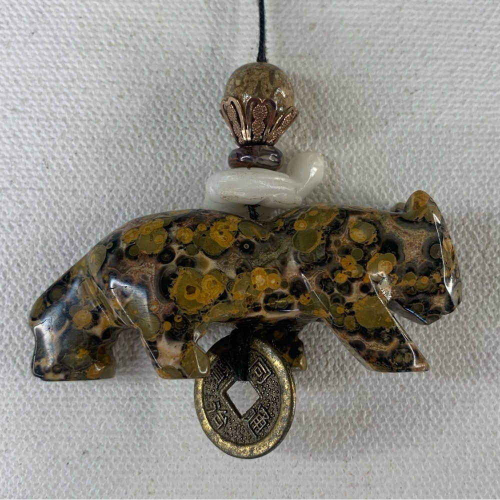 Leopard Skin Jasper Carved Leopard Pendant Necklace Chinese Feng Shui Coin 28" - Picture 5 of 16